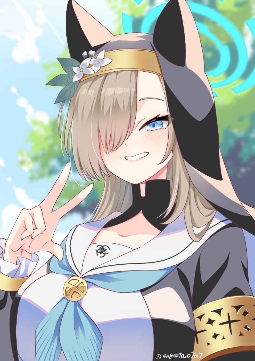 sugata ubo, asuna (blue archive), mari (blue archive), blue archive, 1girl, armband, black dress, blonde hair, blue eyes, blue halo, blue neckerchief, blush, breasts, collarbone, cosplay, dress, grin, hair over one eye, halo, large breasts, long hair, looking at viewer, mari (blue archive) (cosplay), neckerchief, nun, sailor collar, smile, solo, v, white sailor collar, yellow armband