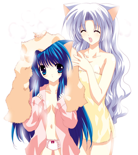 shikigami azuma, original, 2girls, animal ears, bow, bow panties, cat ears, cat girl, female focus, frilled panties, frills, multiple girls, naked towel, open clothes, open shirt, panties, pink panties, shirt, towel, underwear, white background