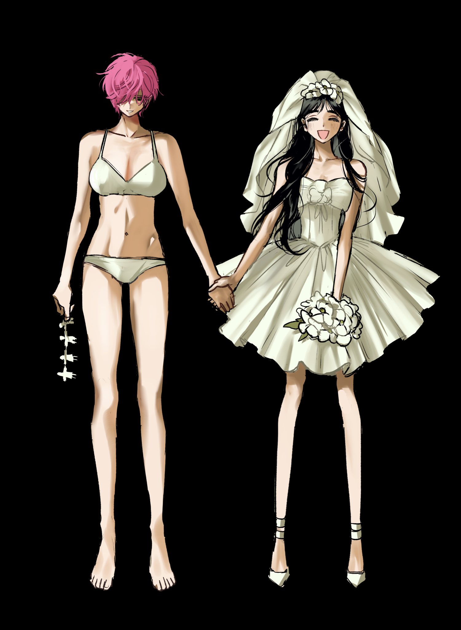 michi (hnkn michi), mizi (alien stage), sua (alien stage), alien stage, commentary, highres, symbol-only commentary, 2girls, barefoot, black background, black hair, bouquet, bow, bra, breasts, bridal veil, chest bow, cleavage, dress, dress bow, facing viewer, flower, full body, hair flower, hair ornament, holding, holding bouquet, holding hands, long hair, looking down, multiple girls, navel, official alternate costume, open mouth, panties, shoes, smile, strapless, strapless dress, underwear, veil, very long hair, wedding dress, white bow, white bra, white dress, white flower, white panties, white shoes, white veil