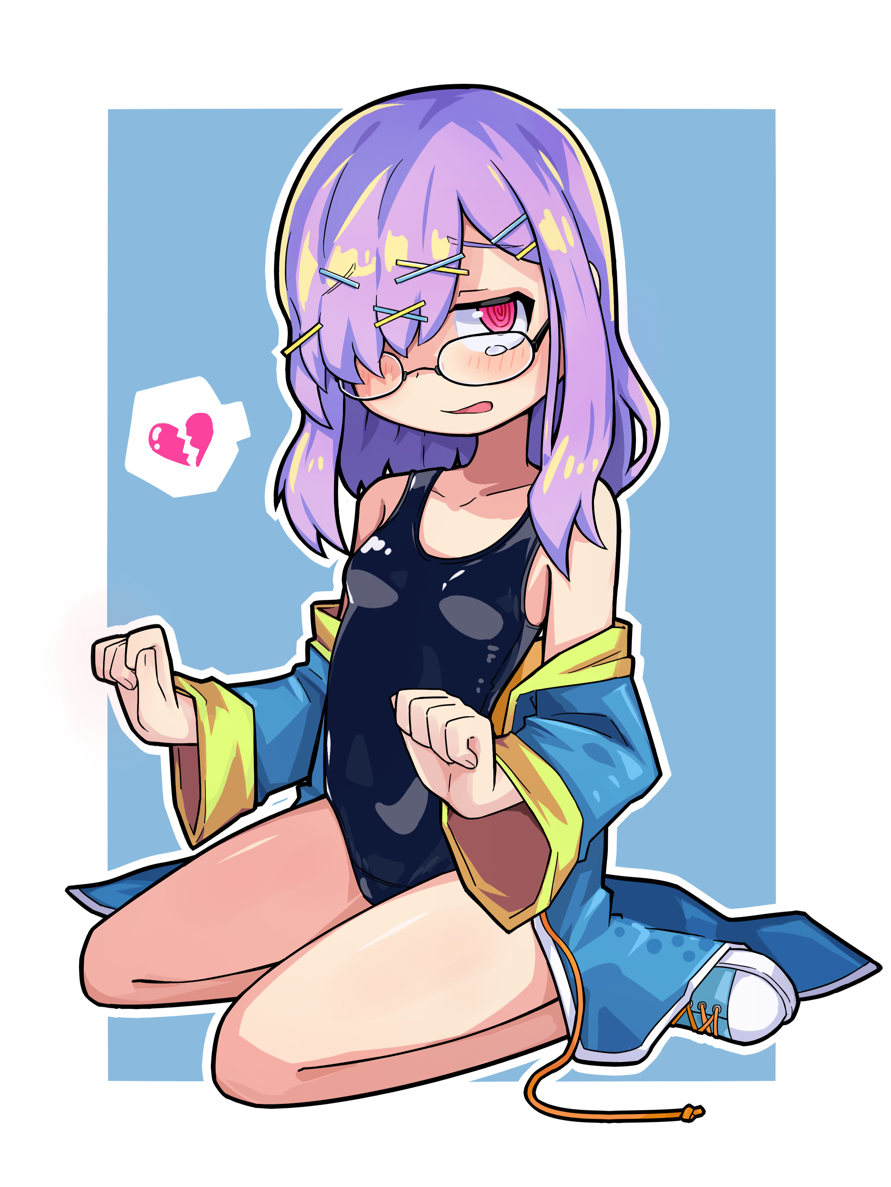 taigokimi.jpg, kobayashi sana, dohna dohna issho ni warui koto o shiyou, absurdres, commentary request, highres, 1girl, blue coat, blue shoes, blush, border, broken heart, coat, collarbone, glasses, hair over one eye, heart, kneeing, kneeling, long hair, looking at viewer, multiple hair clips, one-piece swimsuit, open mouth, outline, purple hair, ringed eyes, shoes, solo, swimsuit, tears, white border, white outline