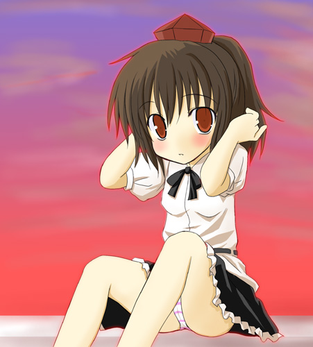 shameimaru aya, touhou, lowres, 1girl, black hair, blouse, blush, bow, female focus, frills, hat, loli, looking at viewer, miniskirt, panties, pantyshot, purple panties, red eyes, ribbon, shirt, sitting, skirt, solo, striped clothes, striped panties, tokin hat, underwear