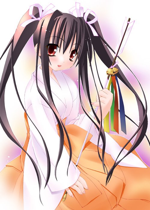 kannagi rei, original, arrow, 1girl, bell, black hair, hair ribbon, japanese clothes, long hair, miko, red eyes, ribbon, solo, twintails