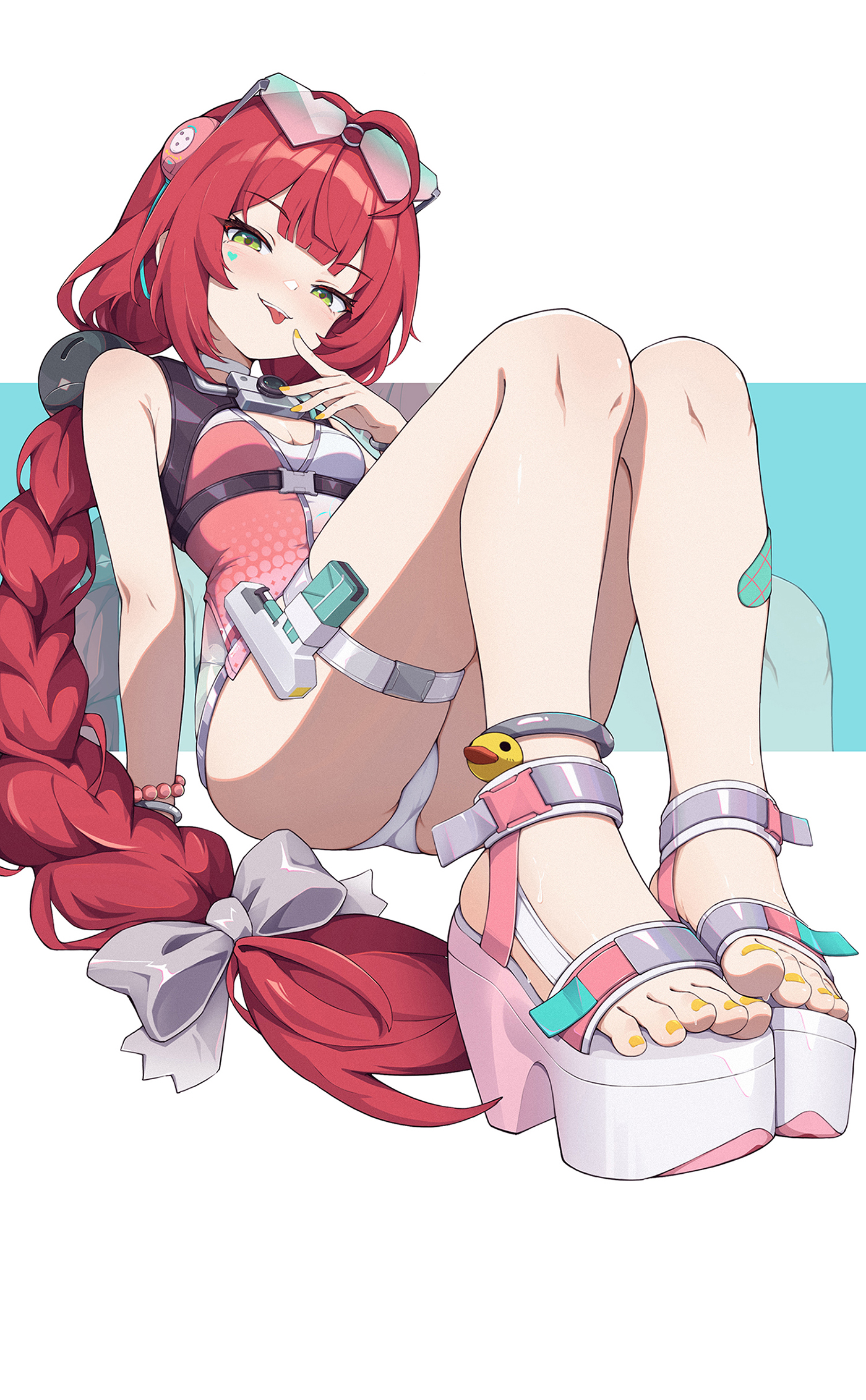 juzi (orange8619), ukinami yuzuha, ukinami yuzuha (tanuki in broad daylight), zenless zone zero, commentary request, highres, paid reward available, 1girl, alternate breast size (smaller), bandaid, bandaid on leg, bow, braid, breasts, eyewear on head, facial mark, feet, foot focus, green eyes, hair bow, heart, heart-shaped eyewear, heart facial mark, holster, knees up, light blush, long hair, looking at viewer, low twintails, nail polish, official alternate costume, one-piece swimsuit, pink one-piece swimsuit, platform sandals, red hair, sandals, small breasts, solo, sphere hair ornament, swimsuit, teeth, thigh holster, toenail polish, toenails, toes, tongue, tongue out, twin braids, twintails, two-tone one-piece swimsuit, upper teeth only, very long hair, water gun, white bow, white one-piece swimsuit, yellow nails