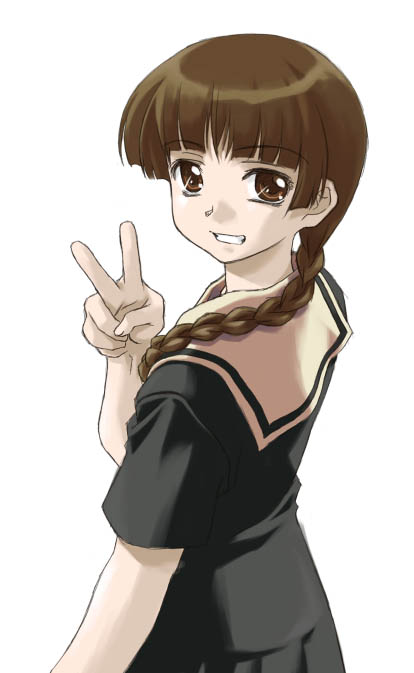 shimazu yoshino, maria-sama ga miteru, 00s, 1girl, braid, brown eyes, brown hair, female focus, grin, looking at viewer, looking to the side, school uniform, serafuku, simple background, smile, solo, v, white background