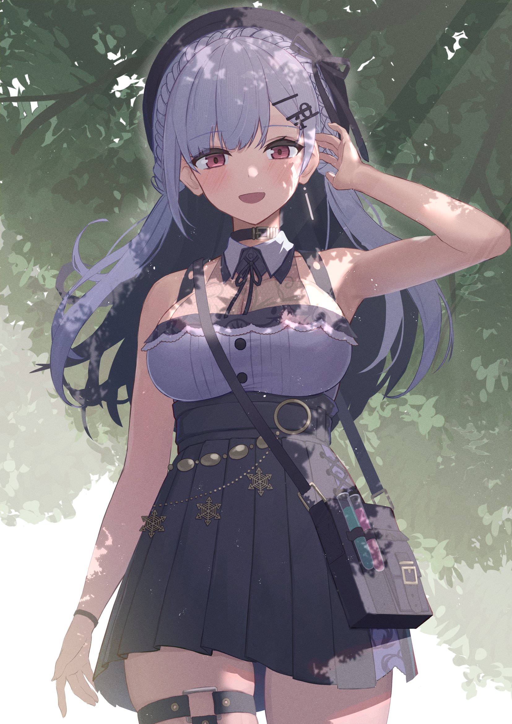 ami no fuda, hakase fuyuki, hakase fuyuki (6th costume), nijisanji, highres, 1girl, bag, bare arms, bare shoulders, beret, black choker, black hat, black skirt, braid, breasts, chemicals, choker, collar, grey hair, grey shirt, hair ornament, hairclip, hat, high-waist skirt, lace, lace-trimmed shirt, lace trim, large breasts, light rays, long hair, looking at viewer, open mouth, pleated skirt, red eyes, shirt, shoulder bag, skirt, solo, sunlight, tree, tree shade, vial, virtual youtuber, white collar