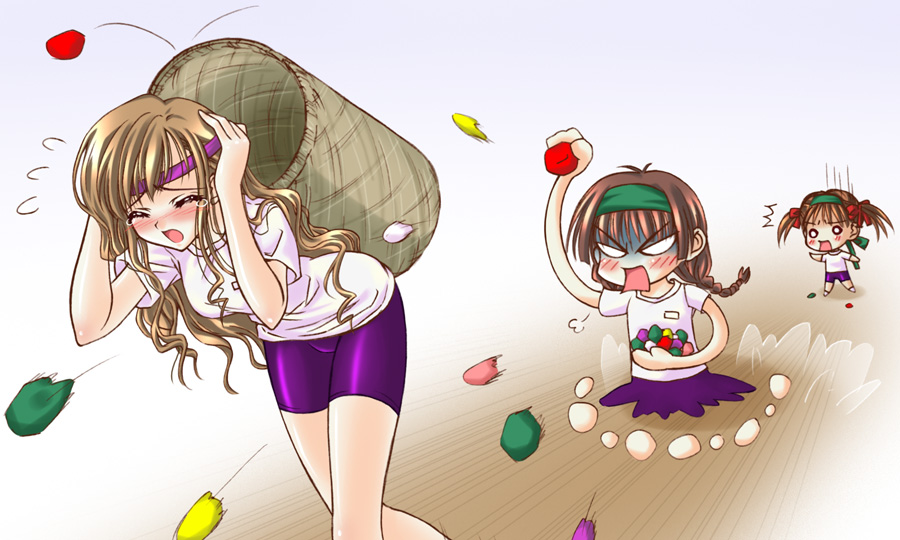 fukuzawa yumi, shimazu yoshino, toudou shimako, maria-sama ga miteru, 00s, 3girls, ^^^, angry, bean bag, bike shorts, blonde hair, blush, braid, brown hair, chasing, chibi, dust, fleeing, gym uniform, hachimaki, headband, long hair, motion blur, multiple girls, o o, open mouth, running, short twintails, single braid, sweatdrop, tears, turn pale, twintails, wavy hair