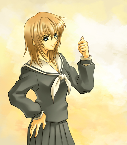 satou sei, maria-sama ga miteru, lowres, 00s, 1girl, blonde hair, brown hair, female focus, hand on own hip, school uniform, serafuku, solo, thumbs up
