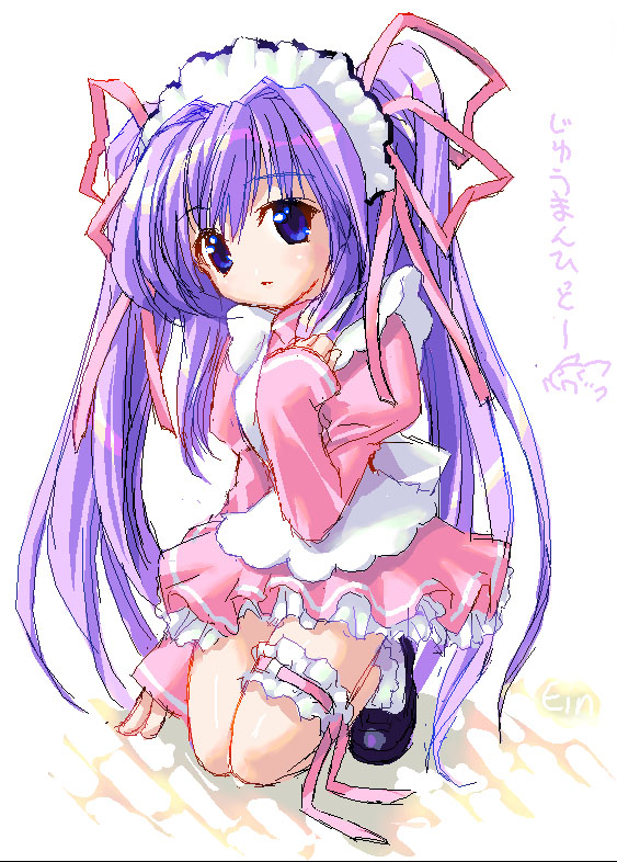 ein (artist), ein (long cake), 1girl, blue eyes, female focus, hair ribbon, long hair, maid, purple hair, ribbon, solo, twintails, very long hair