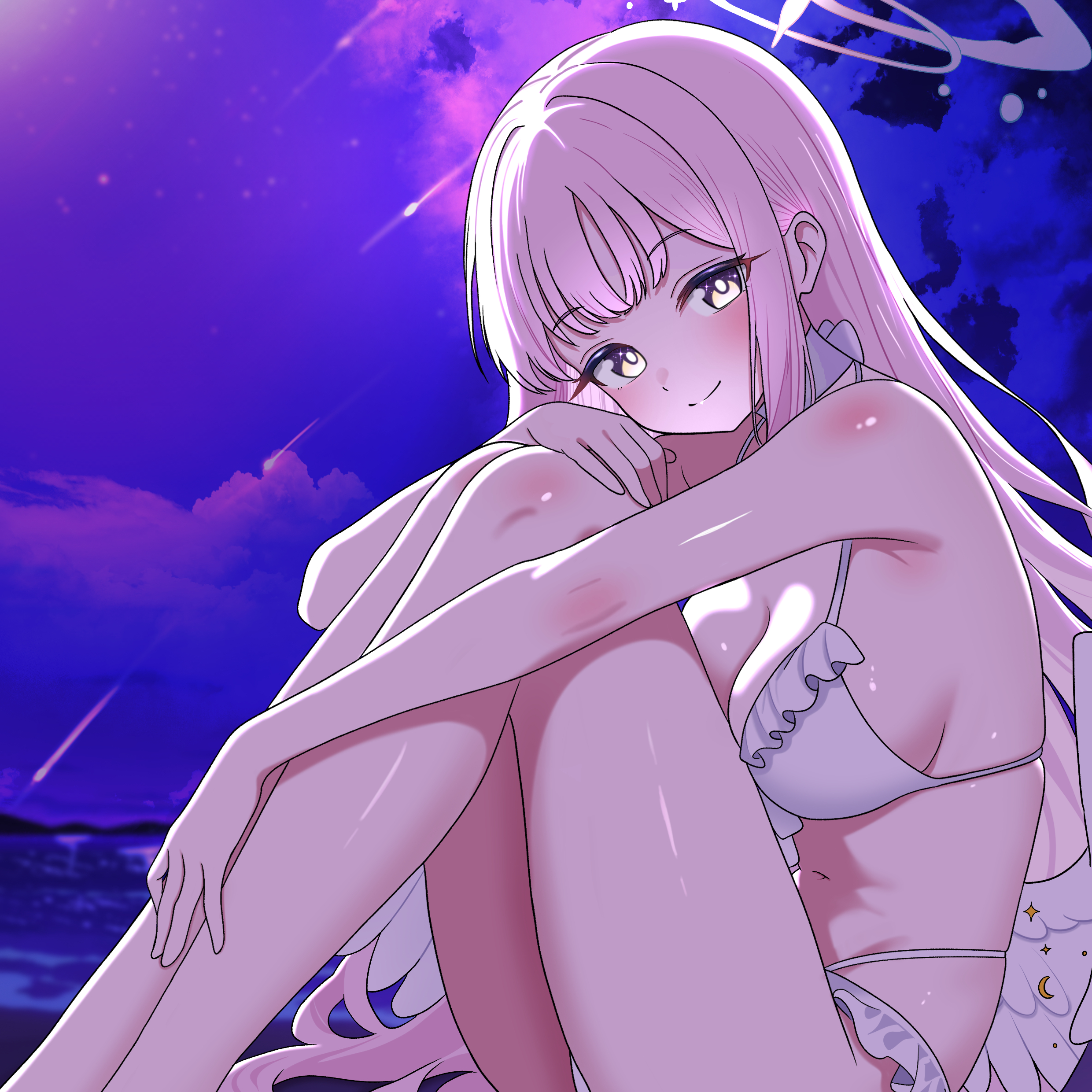 mika (blue archive), mika (swimsuit) (blue archive), blue archive, absurdres, commentary, highres, 1girl, abcd1234 02, angel wings, bare arms, bare legs, bare shoulders, bikini, blush, breasts, closed mouth, feathered wings, frilled bikini, frilled bikini top, frills, long hair, looking at viewer, low wings, medium breasts, navel, official alternate costume, official alternate hairstyle, pink hair, sitting, smile, solo, stomach, swimsuit, very long hair, white wings, wings, yellow eyes