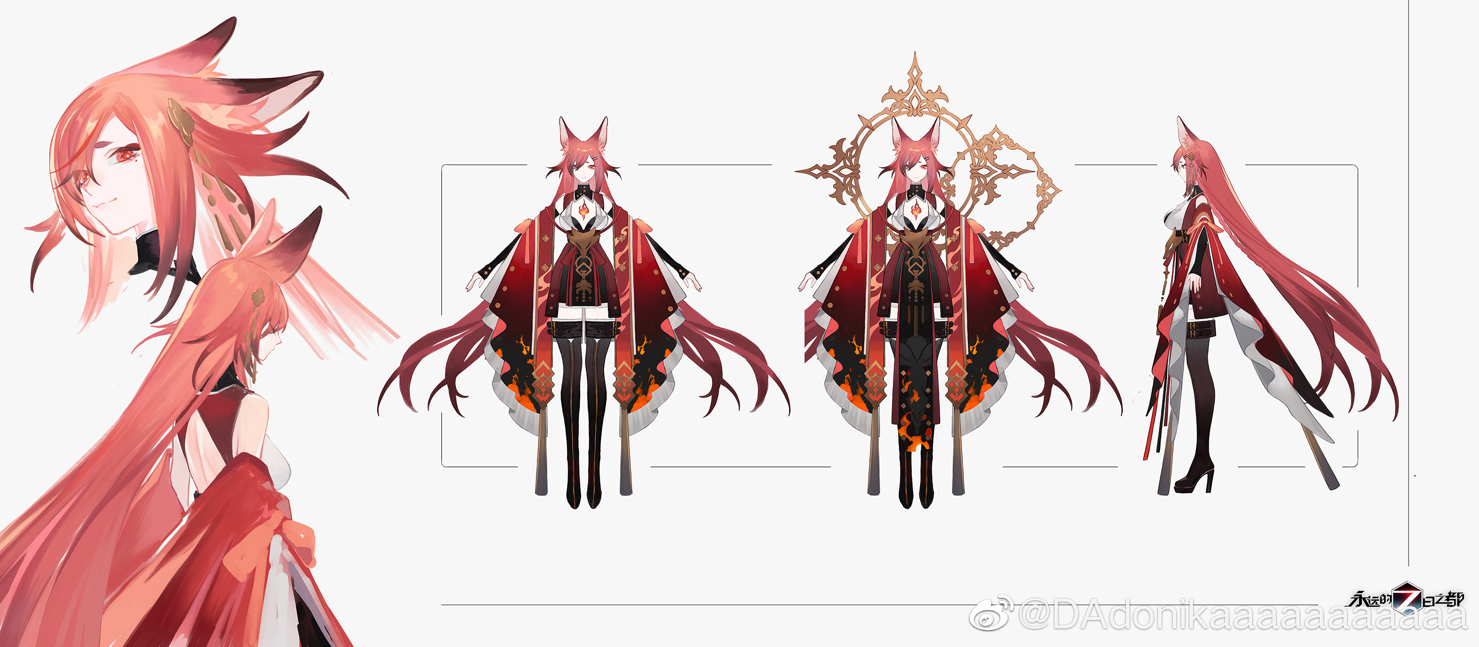 dadonikaaaaaaaaaaa, seishaku (forever 7th capital), forever 7th capital, chinese commentary, highres, official art, 1girl, a-pose, alternate costume, animal ear fluff, animal ears, bare shoulders, black arm warmers, black boots, black shorts, boots, breasts, chest tattoo, cleavage, closed mouth, clothing cutout, copyright name, cropped shoulders, detached sleeves, dress, facing away, flame print, fox ears, fox girl, fox ornament, fox tail, gradient hair, hair ornament, hair over one eye, hairpin, halo, halo behind head, high heel boots, high heels, hoop, jewelry, kitsune, kyuubi, long hair, looking at viewer, microdress, multicolored hair, multiple expressions, multiple hairpins, multiple tails, multiple views, orange hair, orange tail, pelvic curtain, pink hair, red dress, red eyes, red hair, red sleeves, reference sheet, shorts, shorts under dress, sleeveless, sleeveless dress, smile, solo, standing, tail, tassel, tassel hair ornament, tattoo, thigh boots, thighhighs, turnaround, very long hair, watermark, weibo watermark, white background, wide sleeves, zettai ryouiki