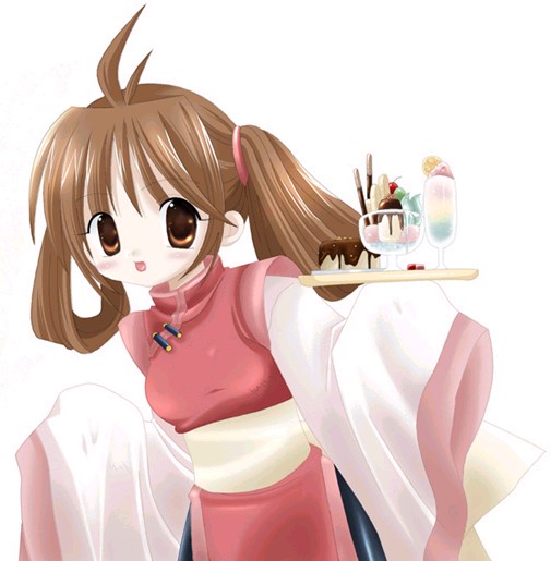 1girl, ahoge, blush, breasts, brown eyes, brown hair, chinese clothes, female focus, food, hair rings, holding, ice cream, long sleeves, looking at viewer, open mouth, parfait, sash, side slit, simple background, sleeves past wrists, smile, solo, tray, twintails, waitress, white background, wide sleeves