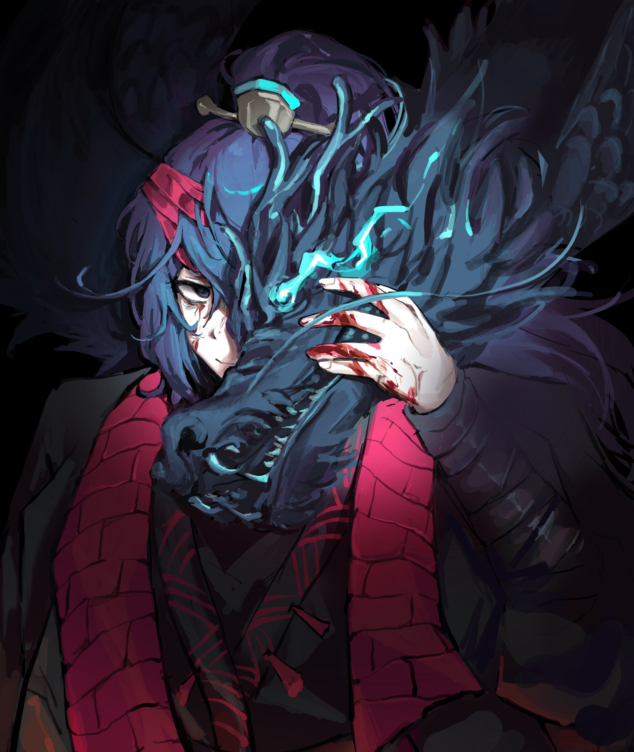 lattescribbles, hong lu (project moon), limbus company, project moon, absurdres, commentary, english commentary, highres, 1boy, bags under eyes, black background, black eyes, blood, blood on hands, blue hair, chinese clothes, dragon, eye trail, family hierarch candidate (identity) (project moon), hair ornament, light trail, long sleeves, looking at viewer, male focus, simple background, smile, solo, upper body