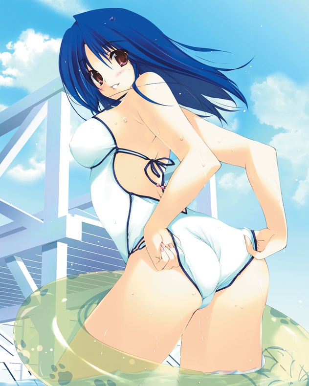 iizuki tasuku, 1girl, adjusting clothes, adjusting swimsuit, ass, back, backless outfit, blue hair, blush, breasts, brown eyes, casual one-piece swimsuit, cloud, covered erect nipples, day, female focus, innertube, large breasts, looking back, one-piece swimsuit, paw print, sky, smile, solo, swim ring, swimsuit, trefoil, wet