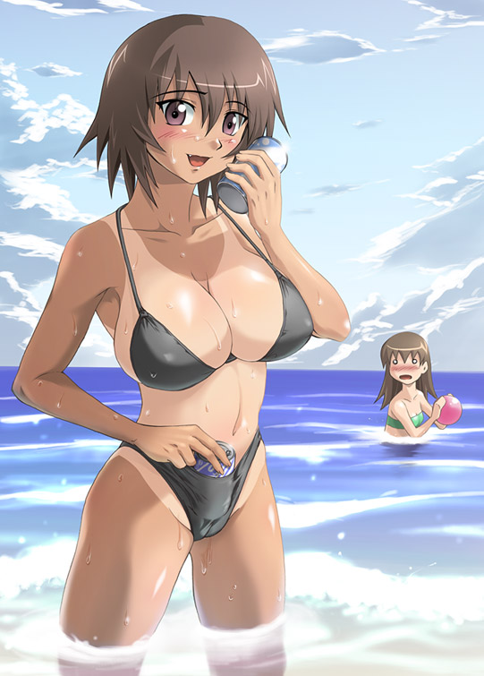 shinozuka jouji, kagura, takino tomo, azumanga daiou, duplicate, 2girls, :d, ball, bare shoulders, beachball, bikini, black bikini, blush, breasts, brown hair, cameltoe, can, cleavage, cloud, collarbone, fang, groin, holding, huge breasts, large breasts, looking at another, looking at viewer, multiple girls, nose blush, o o, ocean, one-piece tan, open mouth, partially submerged, smile, swimsuit, tan, tanline, wading, water, wet