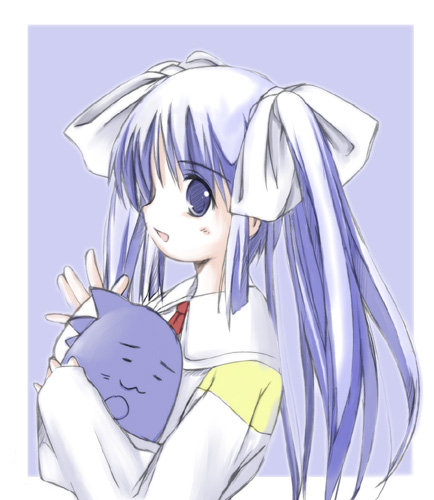 goma (matsuiya), sakura (ukagaka), unyuu, ukagaka, lowres, 1girl, blue eyes, blue hair, female focus, hair ribbon, matching hair/eyes, ribbon, solo, stuffed animal, stuffed toy, twintails