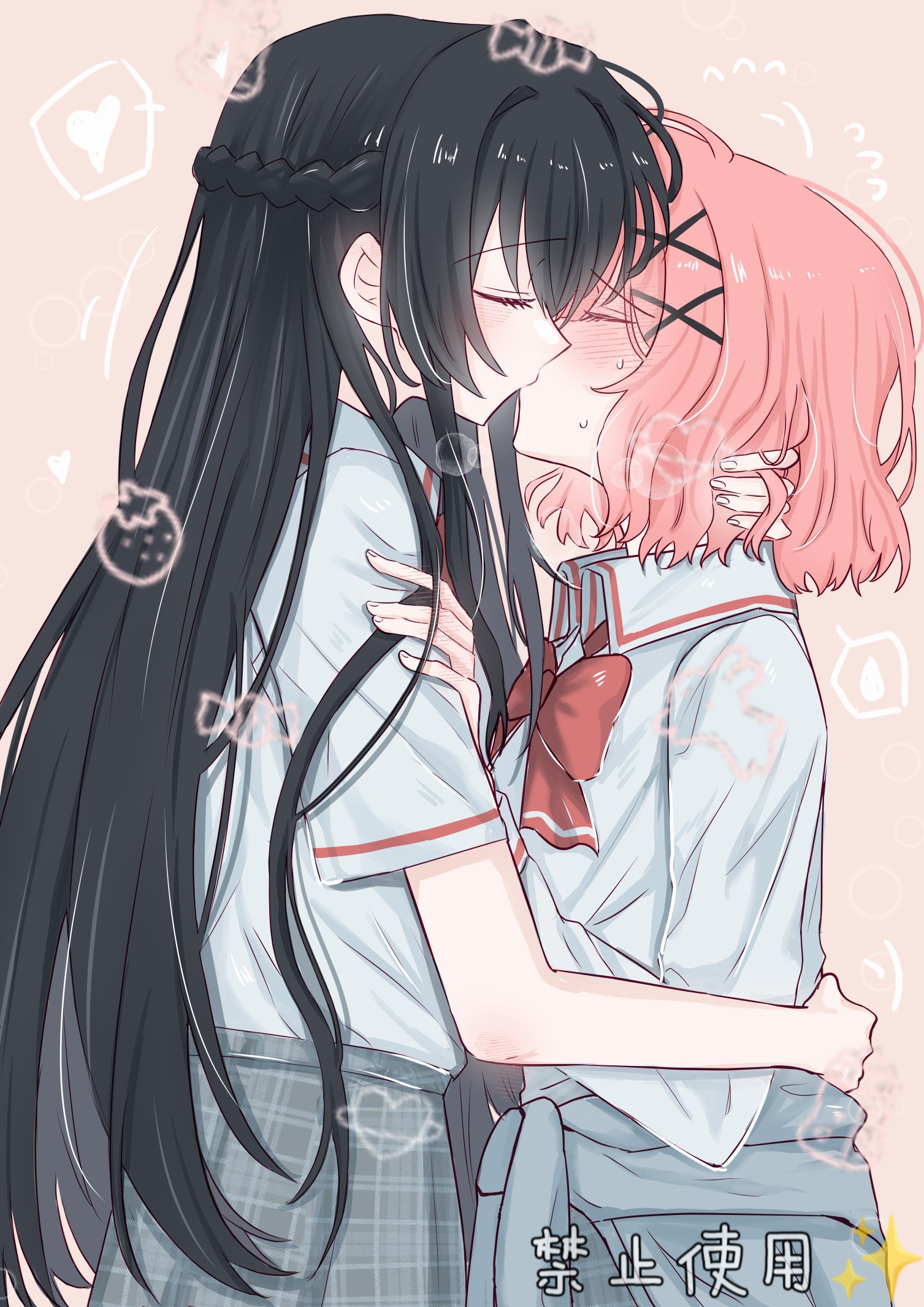 amaori renako, koto satsuki, watashi ga koibito ni nareru wake naijan murimuri!, commentary, highres, symbol-only commentary, 2girls, anshang0125, black hair, bow, bowtie, braid, clothes around waist, collared shirt, grey jacket, grey skirt, half up braid, hand in another's hair, heart, jacket, jacket around waist, kiss, long hair, multiple girls, pink background, plaid clothes, plaid skirt, red bow, red bowtie, school uniform, shirt, short sleeves, skirt, white shirt, yuri