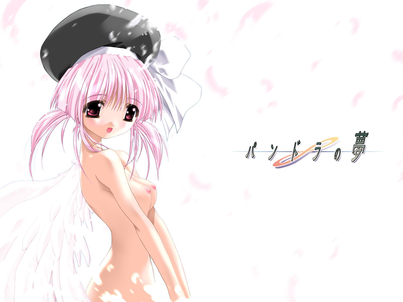 oono tetsuya, tachibana ran, pandora no yume, highres, 1girl, beret, breasts, completely nude, female focus, hat, nipples, nude, pink eyes, pink hair, solo, twintails, wings