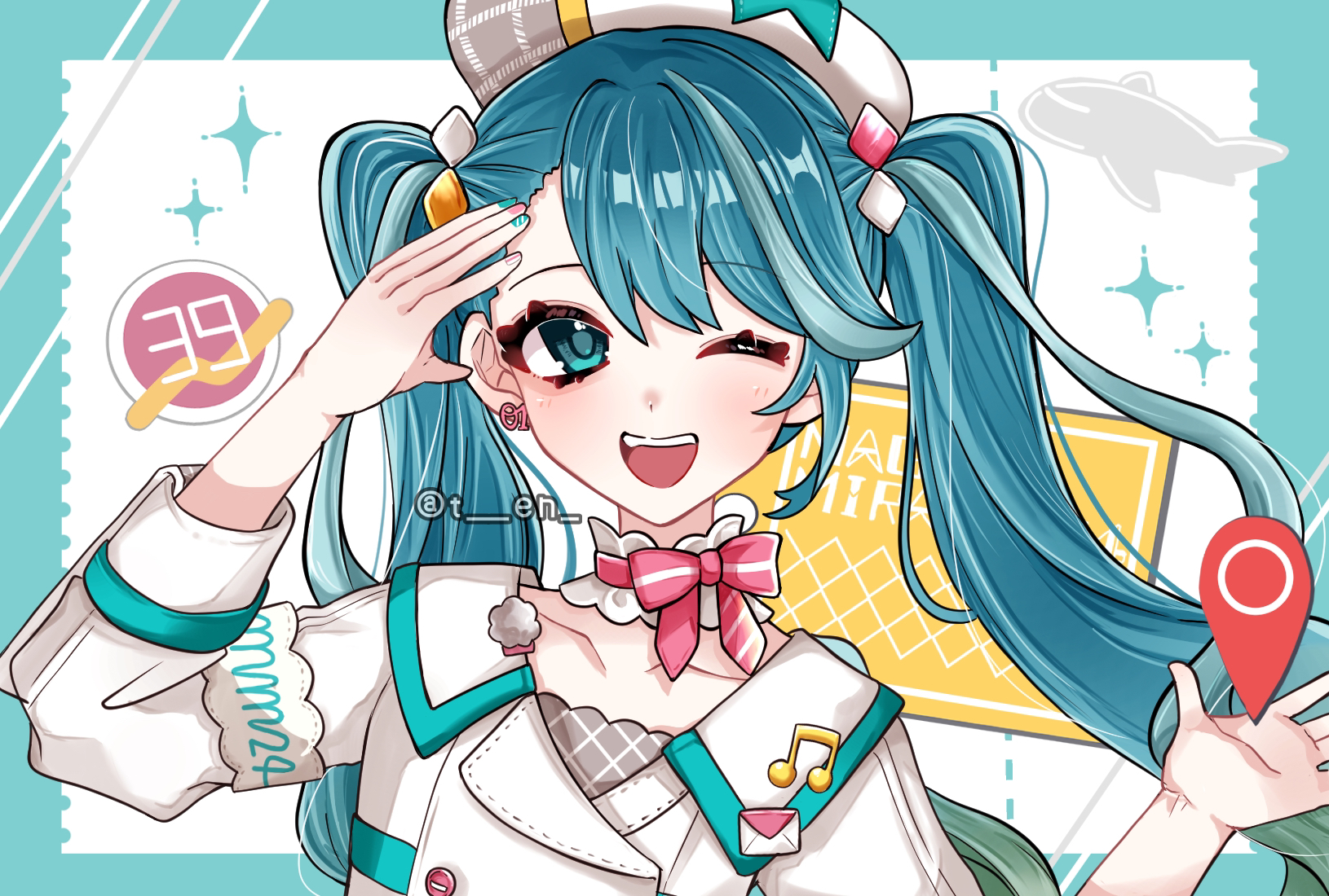 hatsune miku, magical mirai miku, magical mirai miku (2024), magical mirai (vocaloid), vocaloid, highres, 1girl, 39, aqua eyes, aqua hair, beret, blush, bow, bowtie, collarbone, cropped jacket, earrings, hat, jacket, jewelry, long hair, looking at viewer, mnsu8725, musical note ornament, number earrings, official alternate costume, official alternate hairstyle, one eye closed, open mouth, pink bow, pink bowtie, single earring, smile, solo, twintails, very long hair, white hat, white jacket