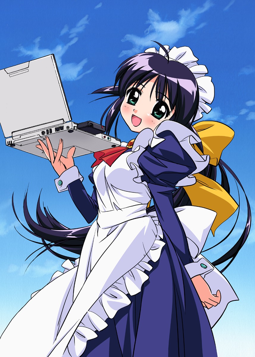 takamura kazuhiro, andou mahoro, mahoromatic, highres, official art, 1girl, black hair, cloud, computer, day, female focus, green eyes, hair flaps, laptop, long hair, maid, maid headdress, open mouth, sky, smile, solo, very long hair