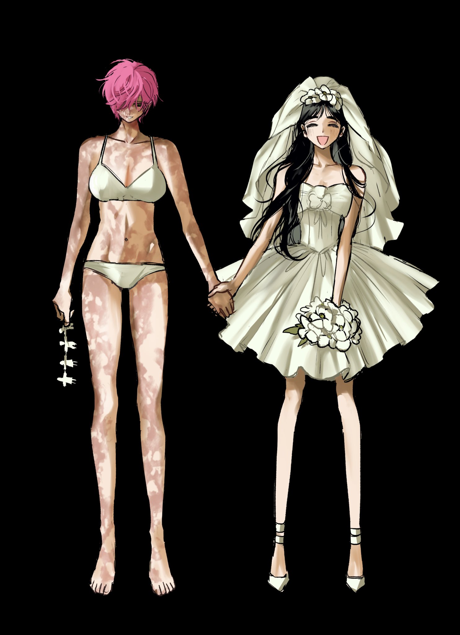 michi (hnkn michi), mizi (alien stage), sua (alien stage), alien stage, commentary, highres, symbol-only commentary, 2girls, barefoot, black background, black hair, bouquet, bow, bra, breasts, bridal veil, burn scar, chest bow, dress, dress bow, facing viewer, flower, full body, hair flower, hair ornament, holding, holding bouquet, holding hands, long hair, looking down, multiple girls, navel, official alternate costume, open mouth, panties, scar, scar on arm, scar on chest, scar on face, scar on leg, scar on shoulder, scar on stomach, shoes, smile, strapless, strapless dress, underwear, veil, very long hair, wedding dress, white bow, white bra, white dress, white flower, white panties, white shoes, white veil