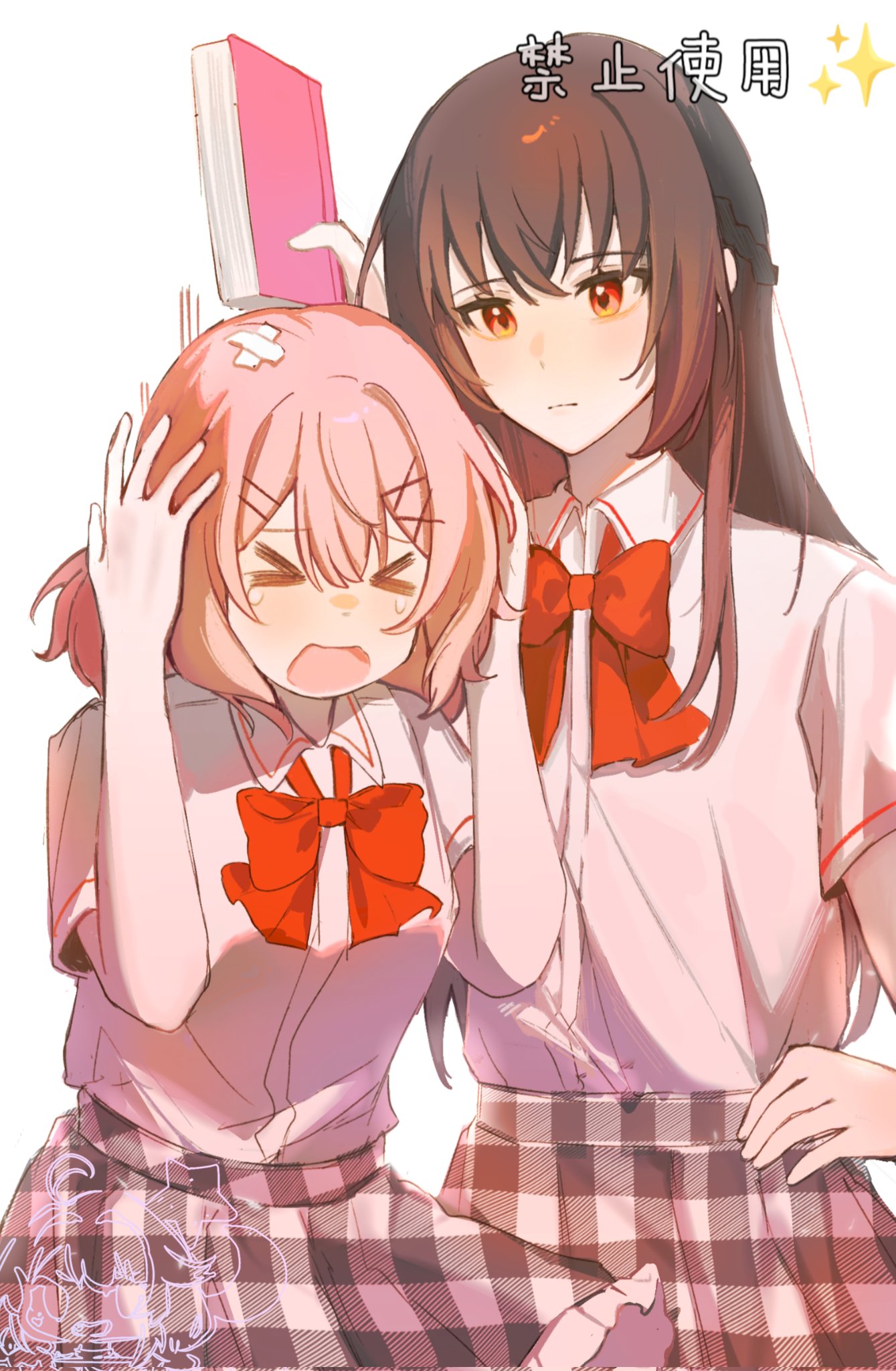 amaori renako, koto satsuki, watashi ga koibito ni nareru wake naijan murimuri!, commentary, hashtag-only commentary, highres, > <, 2girls, anshang0125, black hair, book, bow, bowtie, closed eyes, grey skirt, holding, holding book, long hair, multiple girls, open mouth, orange eyes, pink hair, plaid clothes, plaid skirt, pleated skirt, red bow, red bowtie, shirt, shirt tucked in, skirt, white shirt