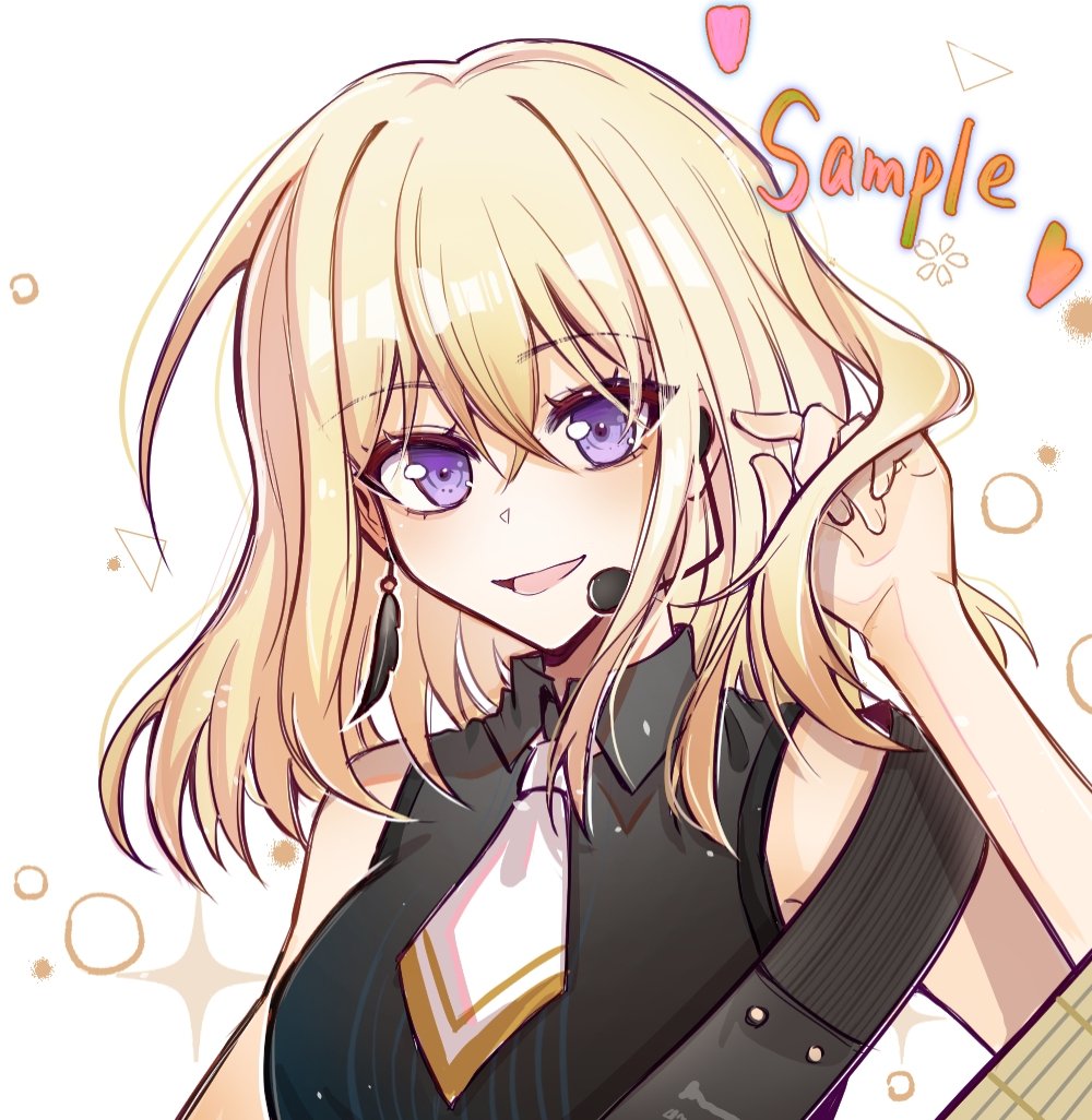 misumi uika, bang dream!, bang dream! it's mygo!!!!!, commentary, 1girl, anshang0125, black shirt, blonde hair, earrings, guitar strap, jewelry, medium hair, microphone, necktie, shirt, sleeveless, sleeveless shirt, solo, upper body, white necktie