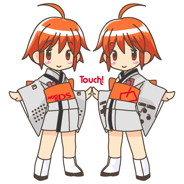 nintendo, os-tan, touch, 2girls, ahoge, chibi, chibi only, handheld game console, japanese clothes, kimono, multiple girls, nintendo ds, obi, orange hair, personification, product girl, sash, short kimono, symmetrical hand pose, tan