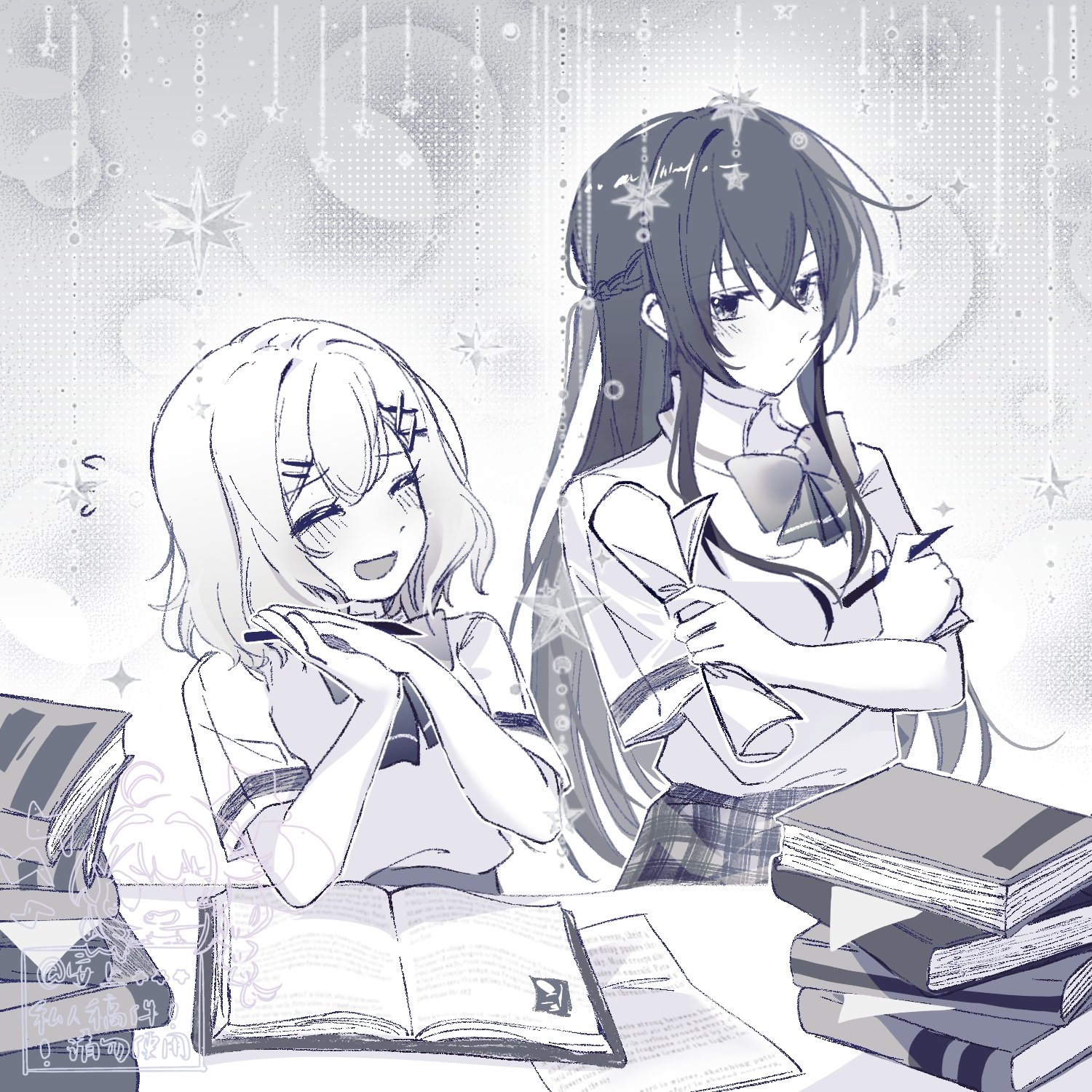 amaori renako, koto satsuki, watashi ga koibito ni nareru wake naijan murimuri!, commentary, hashtag-only commentary, highres, 2girls, anshang0125, blush, book, bow, bowtie, closed eyes, closed mouth, greyscale, hair ornament, hairclip, holding, holding pen, long hair, monochrome, multiple girls, open mouth, own hands together, pen, school uniform, shirt, short hair, sidelocks, x hair ornament