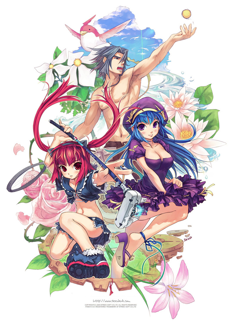 seedark, arin (pangya), kooh (pangya), max, max (pangya), pangya, wall, official art, 1boy, 2girls, animal ears, beret, blue hair, cat ears, dress, flower, golf, hat, long hair, lotus, multiple girls, red hair, ribbon, rose, skirt, tennis, twintails, water lily flower