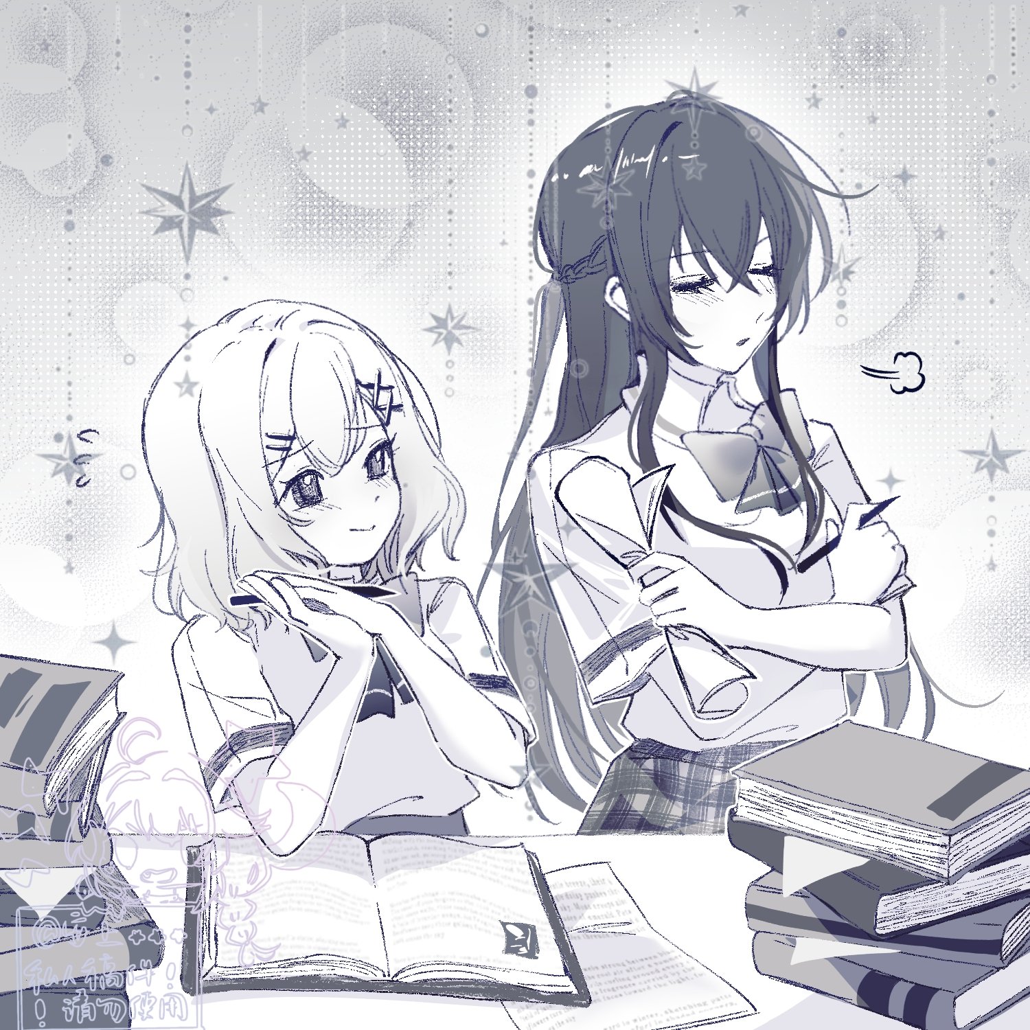amaori renako, koto satsuki, watashi ga koibito ni nareru wake naijan murimuri!, commentary, hashtag-only commentary, highres, 2girls, anshang0125, blush, book, bow, bowtie, closed eyes, closed mouth, greyscale, hair ornament, hairclip, holding, holding pen, long hair, monochrome, multiple girls, open mouth, own hands together, pen, puff of air, school uniform, shirt, short hair, sidelocks, x hair ornament