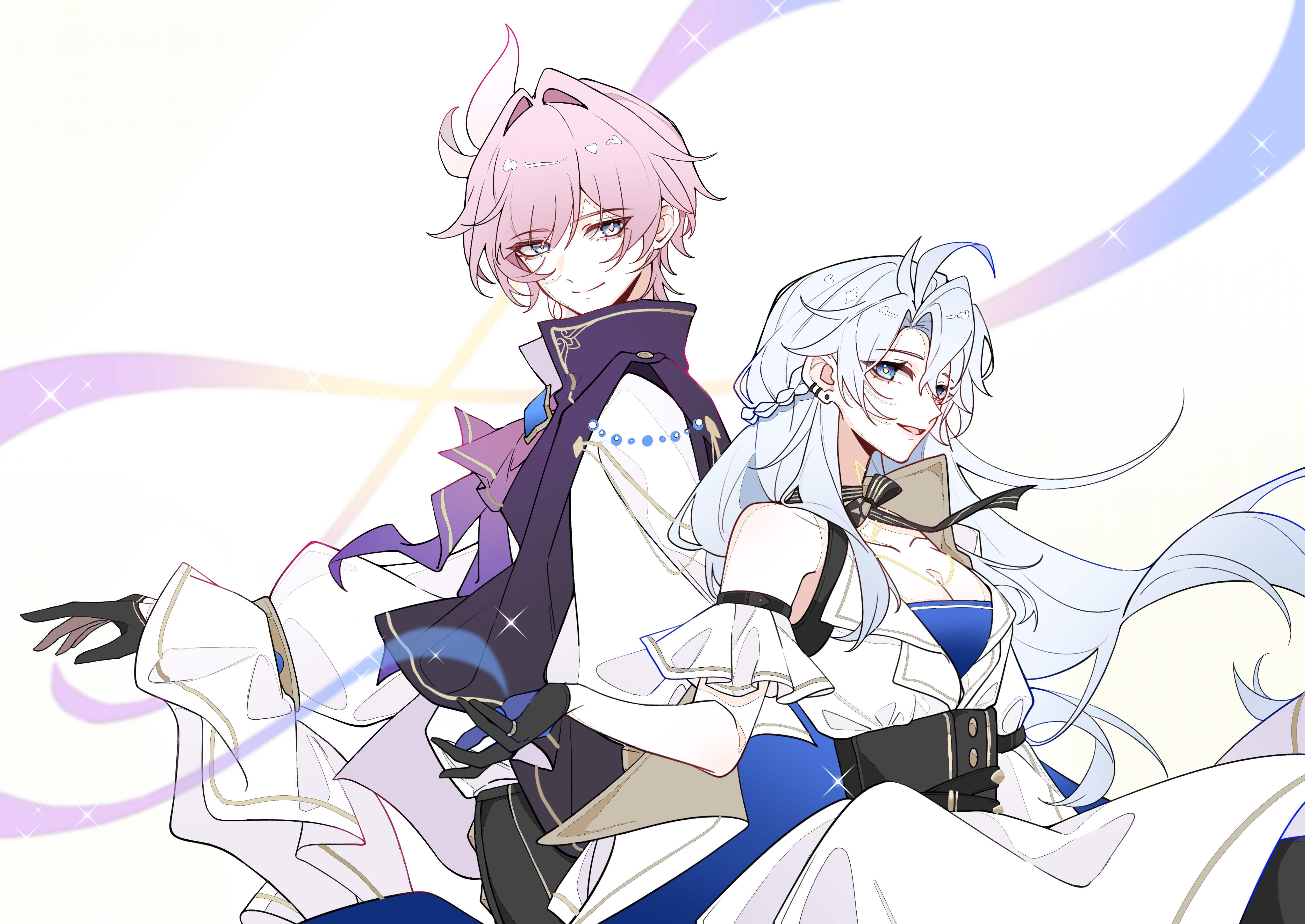cyrene (honkai: star rail), phainon (honkai: star rail), honkai: star rail, honkai (series), absurdres, highres, 1boy, 1girl, antenna hair, back-to-back, black corset, black gloves, blue eyes, breasts, cleavage, closed mouth, corset, dress, elbow gloves, genderswap, genderswap (ftm), genderswap (mtf), gloves, hair ornament, hair tie, jewelry, junming116, looking at viewer, neck ribbon, pink hair, ribbon, short hair, sidelocks, smile, white background, white dress, white hair