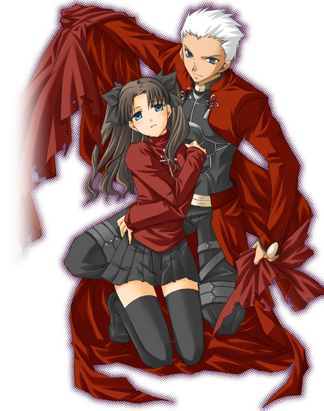 miyabi juri, archer (fate), tohsaka rin, fate/stay night, fate (series), 00s, 1boy, 1girl, black thighhighs, dark-skinned male, dark skin, height difference, kneeling, thighhighs, turtleneck, two side up, zettai ryouiki