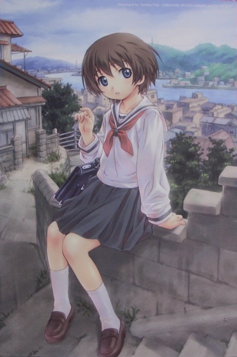 uon taraku, hitotsubashi yurie, kamichu!, 00s, 1girl, female focus, full body, outdoors, pleated skirt, school uniform, serafuku, sitting, skirt, solo