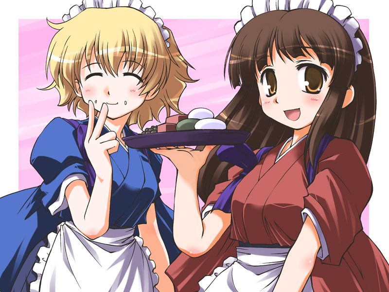 osamada meika, original, food request, 2girls, :d, ^ ^, apron, blonde hair, blunt bangs, blush, body blush, brown eyes, brown hair, closed eyes, facing viewer, food, food on face, frilled apron, frills, hand to own mouth, holding, holding tray, japanese clothes, kimono, long hair, looking at viewer, maid, maid headdress, multiple girls, open mouth, outside border, pink background, short hair, sleeves pushed up, smile, tasuki, tray, wa maid, wagashi, waist apron, waitress, white apron