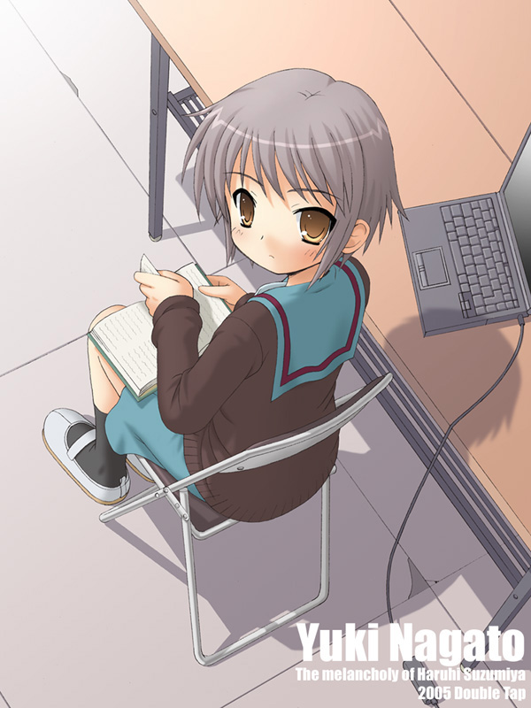 nagato yuki, suzumiya haruhi no yuuutsu, 00s, 1girl, book, cardigan, chair, computer, computer keyboard, female focus, laptop, long sleeves, on chair, school uniform, serafuku, short hair, solo, table