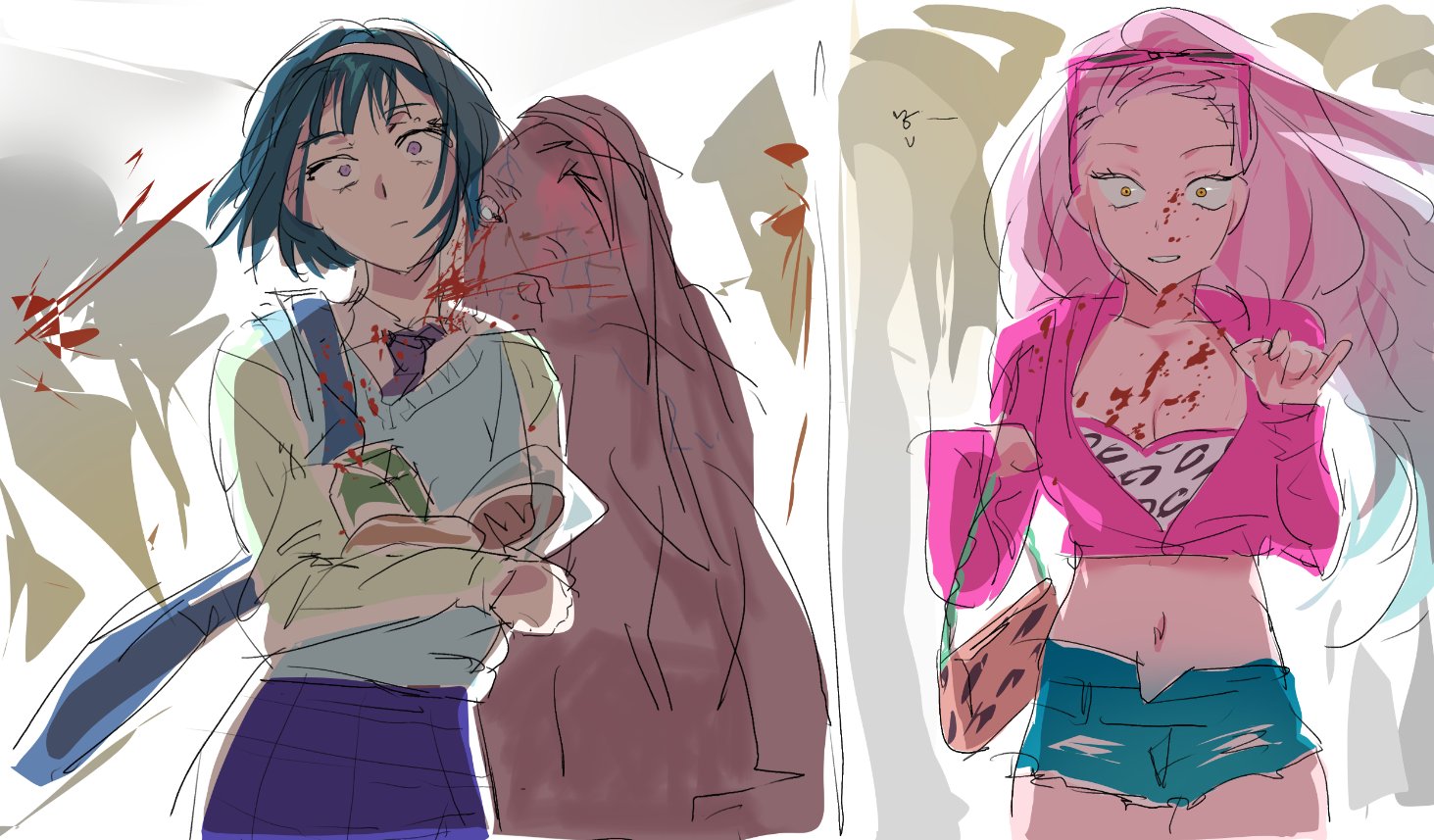 mizi (alien stage), sua (alien stage), alien stage, commentary request, 2girls, animal print, bag, biting, black hair, blood, blood from neck, blue skirt, blue sweater vest, cropped jacket, denim, denim shorts, eyewear on head, jacket, leopard print, long hair, multiple girls, neck biting, necktie, official alternate costume, pink-framed eyewear, pink hair, pink jacket, purple eyes, shirt, short hair, shorts, shoulder bag, skirt, sweater vest, thai commentary, very long hair, white shirt, wide-eyed, wranwa, yellow eyes, zombie