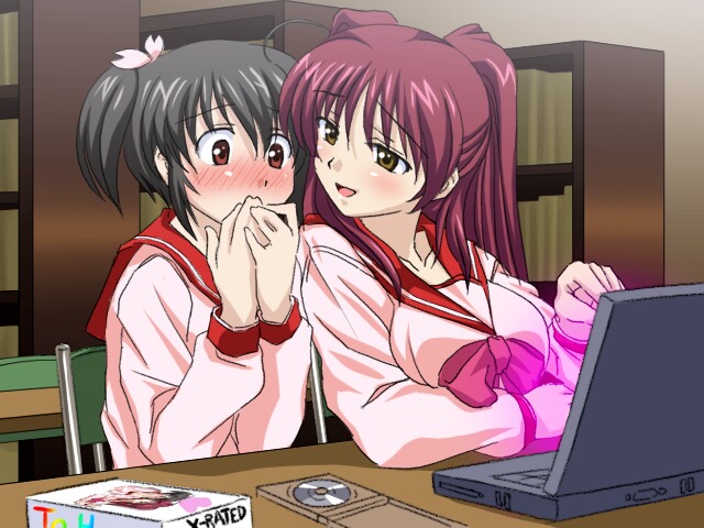 sanshita, kousaka tamaki, yuzuhara konomi, to heart (series), to heart 2, to heart 2 xrated, 2girls, blush, chair, comic, computer, computer keyboard, embarrassed, laptop, meta, multiple girls, on chair, parody, playing games, pornography, school uniform, serafuku, video game, viewing pornography