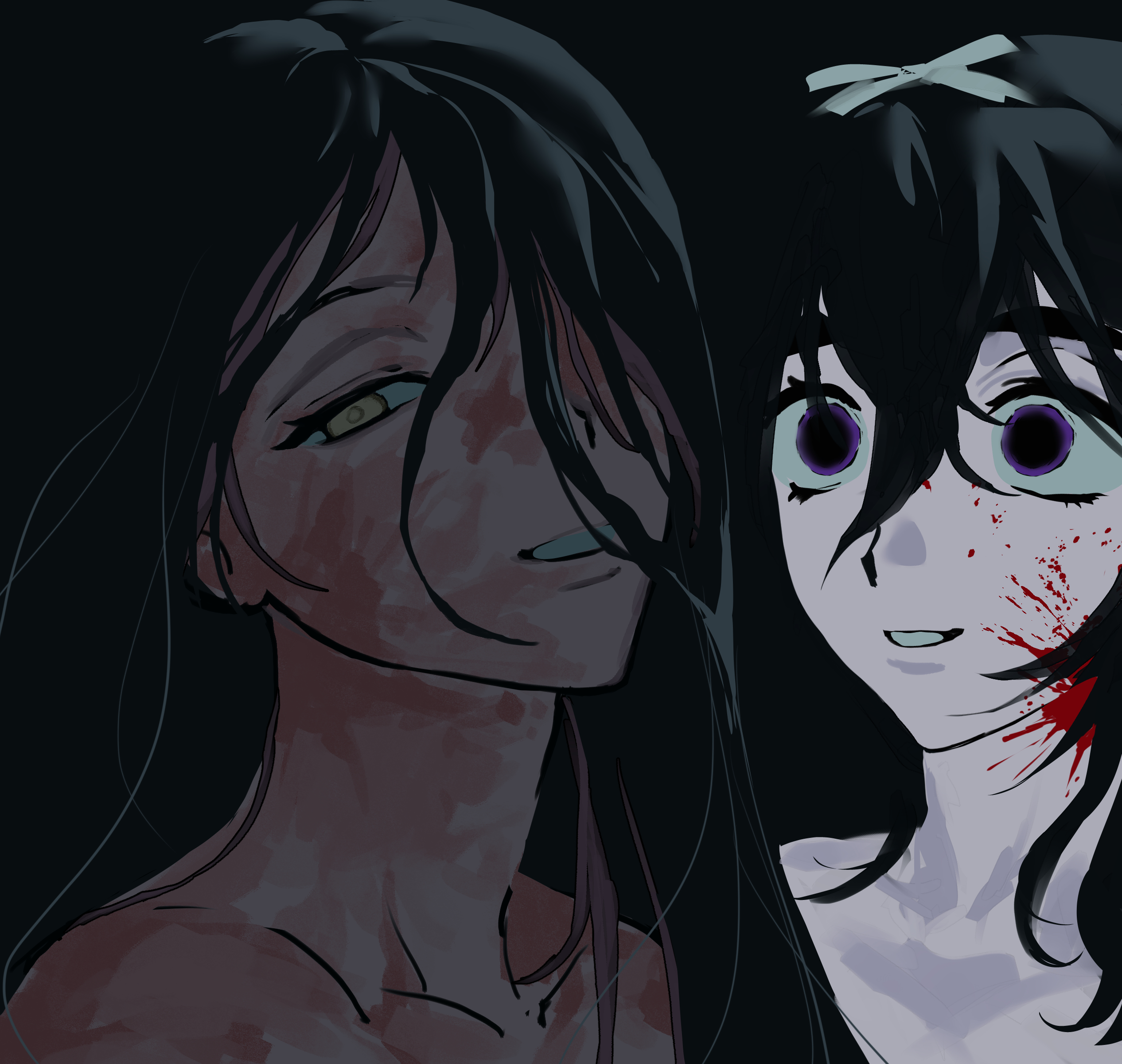 mizi (alien stage), sua (alien stage), alien stage, absurdres, highres, 2girls, black hair, blood, blood on face, blood on neck, bow, burn scar, dilated pupils, hair bow, hair over one eye, long hair, multiple girls, purple eyes, scar, scar on face, scar on neck, scar on shoulder, smile, white bow, wranwa, yellow eyes
