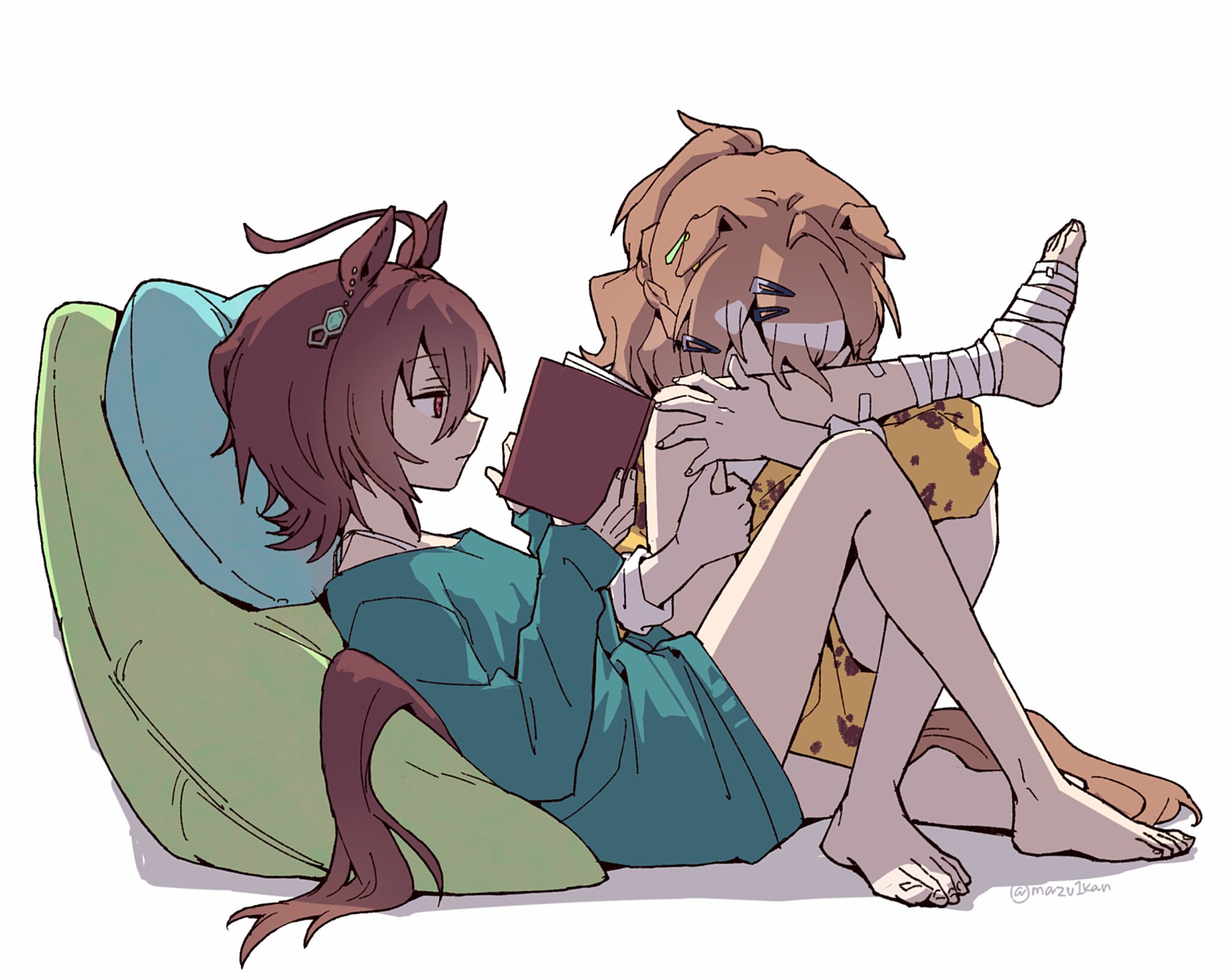 mazu1kan, agnes tachyon (umamusume), jungle pocket (umamusume), umamusume, commentary request, highres, 2girls, ahoge, animal ears, animal print, bandaged leg, bandages, barefoot, book, braid, brown eyes, brown hair, chemical structure, closed mouth, covered face, cushion, facing another, fingernails, green sweater, half up half down braid, hands up, head on pillow, holding, holding book, horse ears, horse girl, horse tail, huge ahoge, hugging another's leg, invisible floor, knee up, leg up, leopard print, leopard print clothes, long sleeves, looking ahead, looking at object, lying, medium hair, multiple girls, on back, pajamas, pillow, print shirt, shirt, simple background, single bare leg, sitting, spaghetti strap, sweater, tail, three-quarter sleeves, toenails, twitter username, white background, white sleeve cuffs, wolf cut, yellow pajamas, yellow shirt, yuri