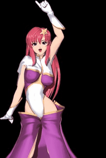 meer campbell, gundam, gundam seed, gundam seed destiny, animated, animated gif, lowres, 00s, 1girl, 3d, black background, bouncing breasts, breasts, covered erect nipples, dancing, female focus, gloves, hair ornament, highleg, large breasts, leotard, long hair, open mouth, pink hair, pointing, solo, star (symbol), star hair ornament, white gloves