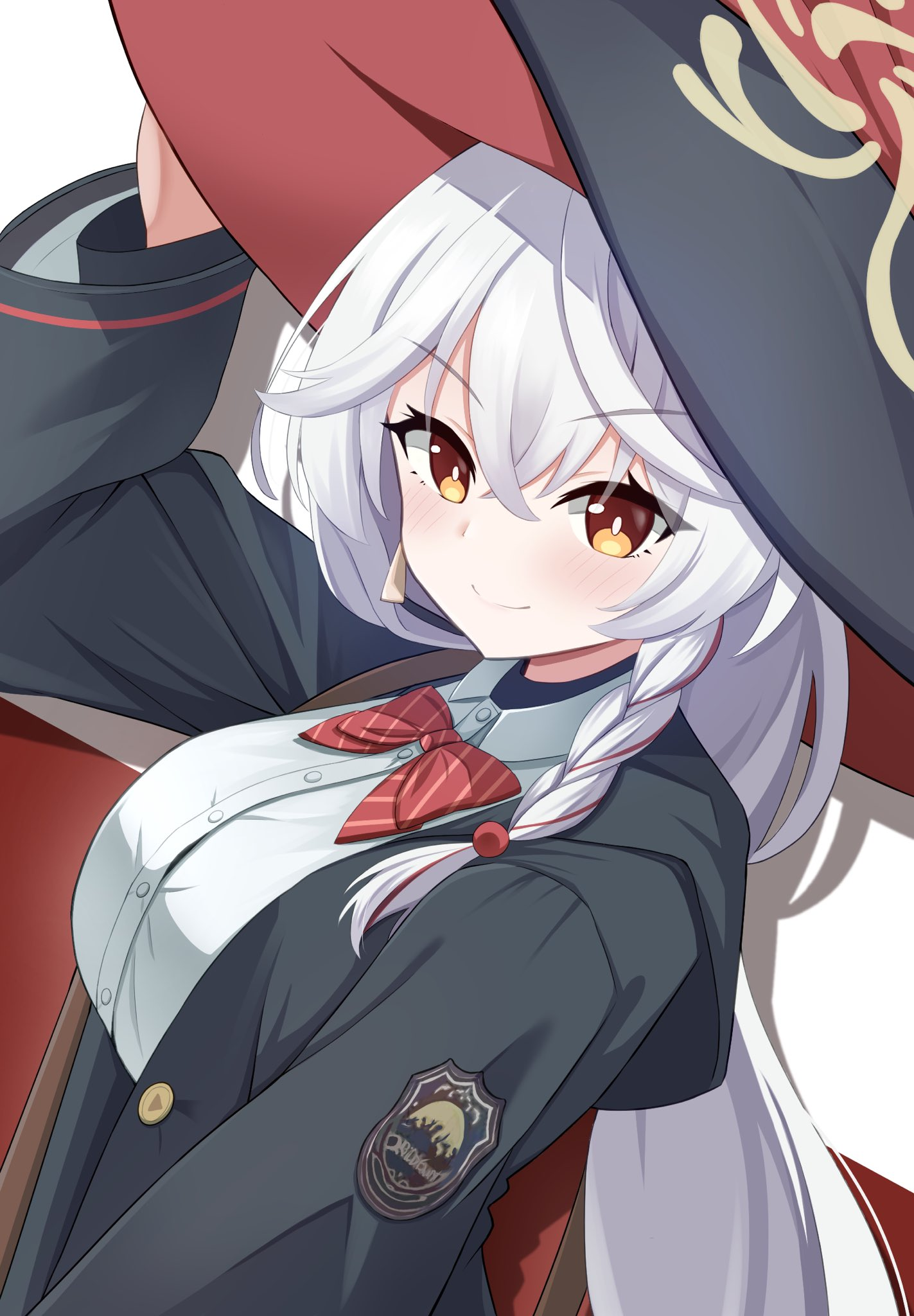 eri (blue archive), blue archive, bow, bowtie, braid, earrings, halo, hat, holding headgear, jacket, jewelry, long coat, long hair, orange eyes, panties, shirt, sweater, underwear, white hair, witch hat