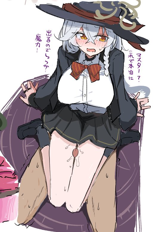 eri (blue archive), blue archive, blush, bow, bowtie, braid, dark-skinned male, dark skin, girl on top, halo, hat, jacket, kneeling, long coat, long hair, magic circle, orange eyes, panties, penis, shirt, skirt, sweater, thigh sex, thighs, underwear, white hair, witch hat