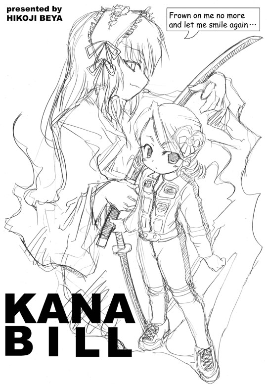 naruse mamoru, kanaria, suigintou, kill bill, rozen maiden, 2girls, bruce lee's jumpsuit, crossover, english text, greyscale, killbill, monochrome, multiple girls, parody, speech bubble