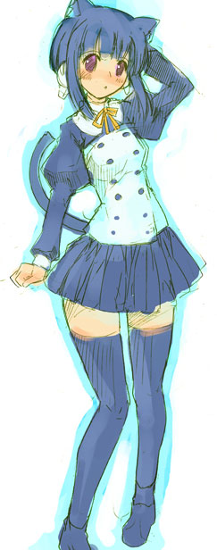 momiji mao, ilfa (to heart), to heart (series), to heart 2, 00s, 1girl, animal ears, blue hair, cat ears, cat tail, female focus, purple eyes, robot ears, short hair, short hair with long locks, solo, tail, thighhighs