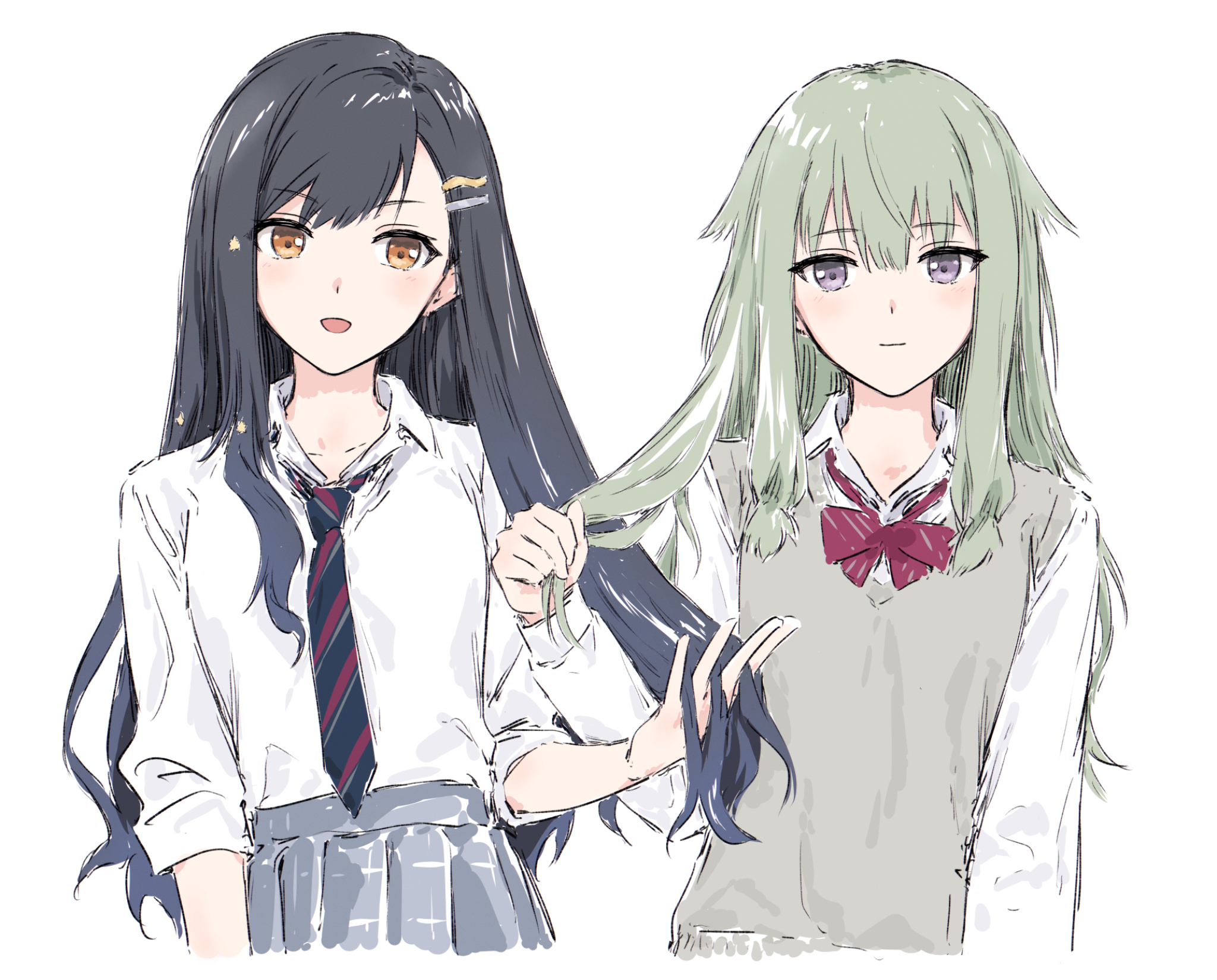 bullfalk, kusanagi nene, shiraishi an, project sekai, commentary request, highres, 2girls, black hair, blue necktie, bow, bowtie, green hair, grey skirt, grey sweater vest, hair ornament, hairclip, holding, holding own hair, kamiyama high school uniform (project sekai), long hair, multiple girls, necktie, pleated skirt, purple eyes, red bow, red bowtie, school uniform, shirt, simple background, skirt, star (symbol), star hair ornament, sweater vest, white background, white shirt, yellow eyes