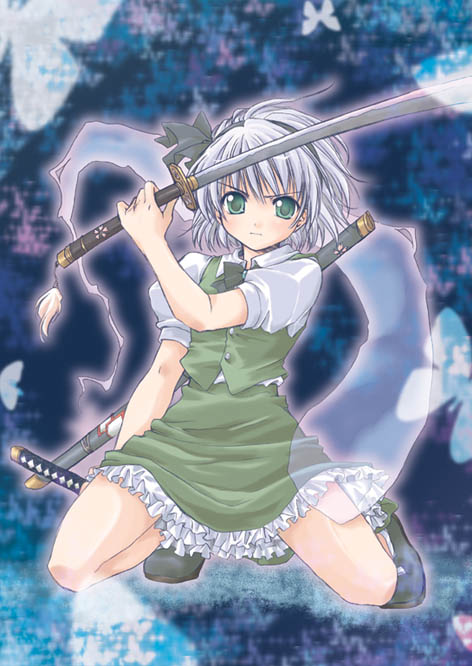 ayami chiha, konpaku youmu, konpaku youmu (ghost), touhou, silver hair, 1girl, bow, bowtie, bug, butterfly, dual wielding, female focus, frilled skirt, frills, green eyes, hairband, hitodama, holding, katana, kneeling, scabbard, sheath, short hair, skirt, solo, sword, tassel, vest, weapon
