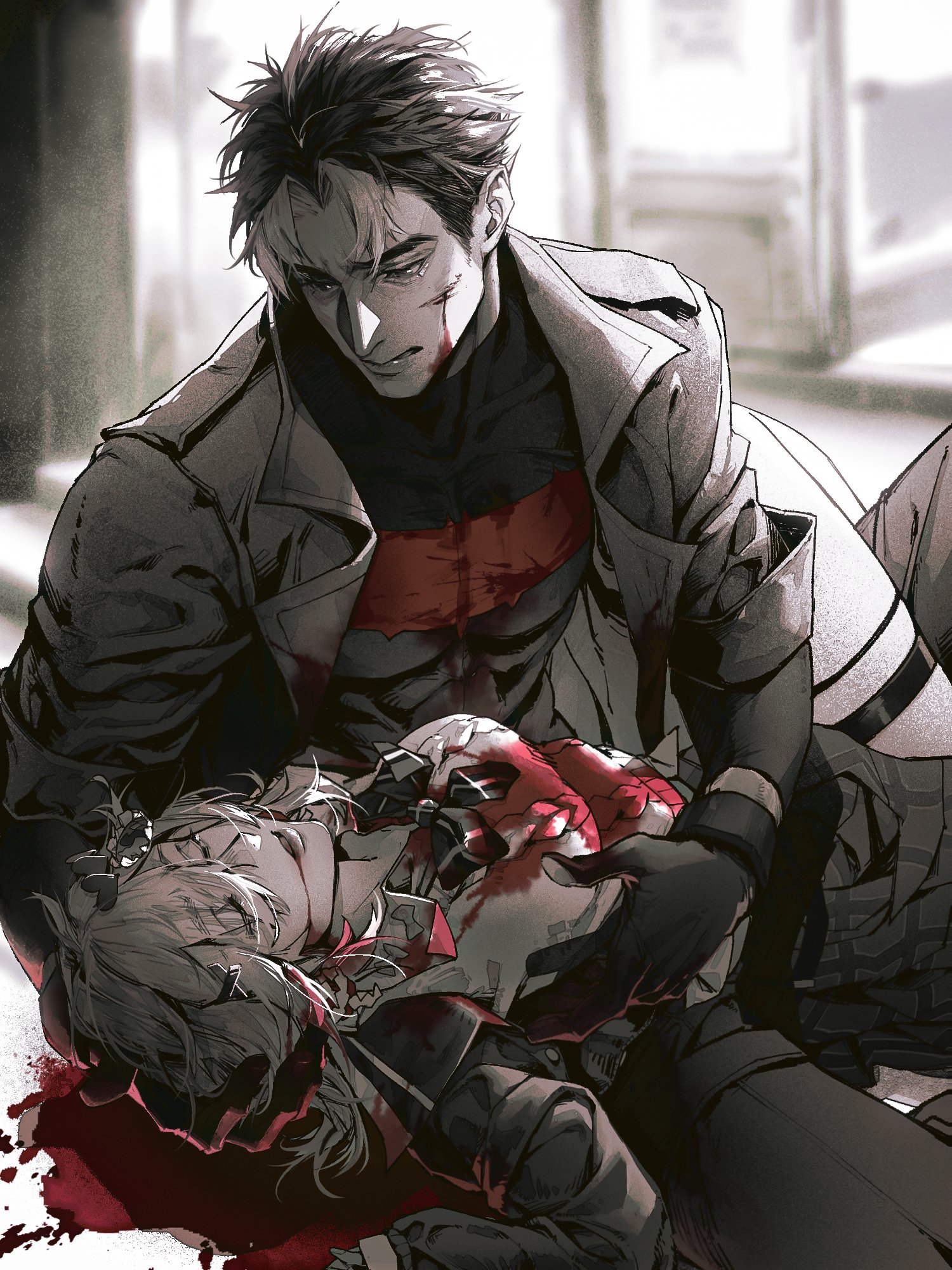 jason todd, red hood (dc), batman (series), dc comics, original, highres, 1boy, 1girl, bat signal, batman symbol, black bodysuit, black gloves, black hair, bleeding, blonde hair, blood, blood from mouth, blood on clothes, blood on hands, blue eyes, bodysuit, breasts, brown jacket, couple, dying, gloves, grey bodysuit, injury, jacket, muscular, muscular male, oc x canon, open clothes, pants, red hood and the outlaws, rfnyn17381, short hair, superhero costume, taut bodysuit, two-tone bodysuit
