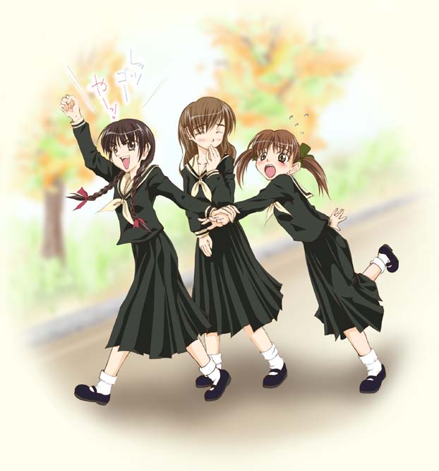 fukuzawa yumi, shimazu yoshino, toudou shimako, maria-sama ga miteru, 00s, 3girls, blush, braid, hand to own mouth, holding another's wrist, multiple girls, school uniform, smile, twin braids, walking