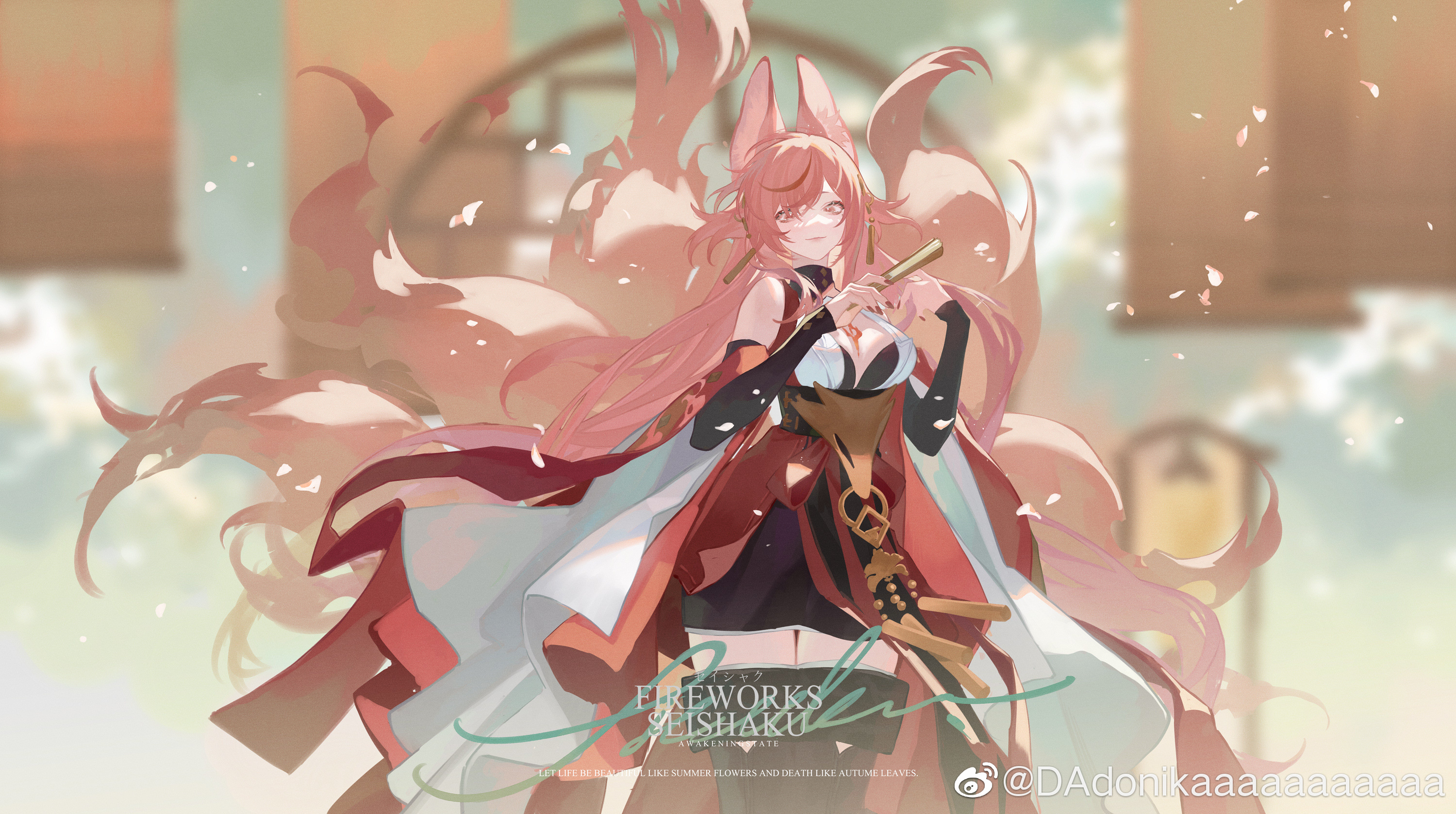 dadonikaaaaaaaaaaa, seishaku (forever 7th capital), forever 7th capital, chinese commentary, highres, official art, 1girl, :3, alternate costume, animal ear fluff, animal ears, bamboo screen, bare shoulders, black arm warmers, black boots, black shorts, blurry, blurry background, boots, breasts, character name, chest tattoo, cleavage, closed mouth, clothing cutout, cowboy shot, detached sleeves, dress, falling petals, folded fan, folding fan, fox ears, fox girl, fox ornament, fox tail, hair ornament, hair over one eye, hairpin, hand fan, hands up, holding, holding fan, jewelry, kitsune, kyuubi, lattice, long hair, looking at viewer, microdress, multiple hairpins, multiple tails, nail polish, orange tail, pelvic curtain, petals, pink eyes, pink hair, red dress, red nails, red sleeves, shorts, shorts under dress, sleeveless, sleeveless dress, smile, solo, standing, tail, tassel, tassel hair ornament, tattoo, thigh boots, very long hair, watermark, weibo watermark, wide sleeves