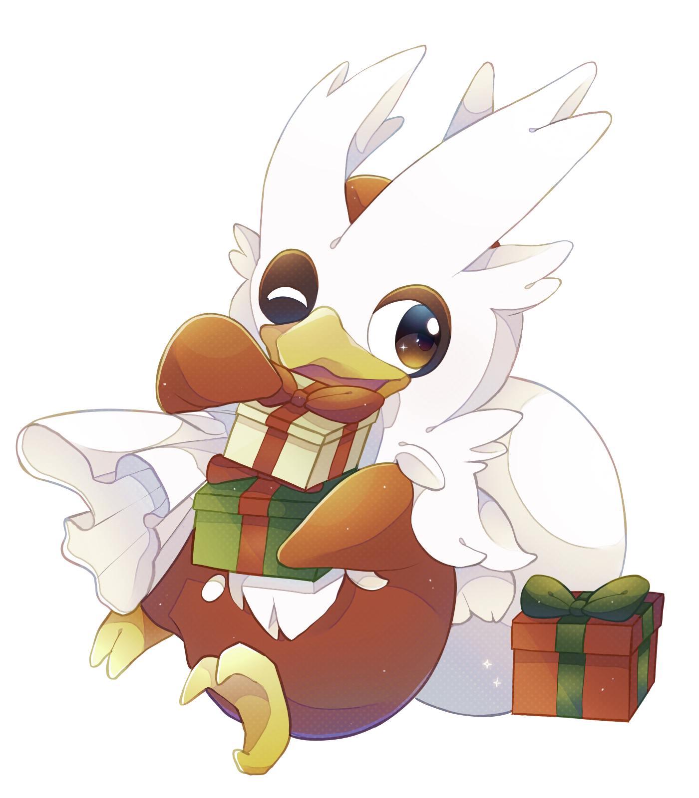 26tumugi, delibird, nintendo, pokemon, highres, brown eyes, christmas present, gen 2 pokemon, gift, holding, holding sack, light particles, no humans, one eye closed, open mouth, pokemon (creature), sack, sitting, solo, white background